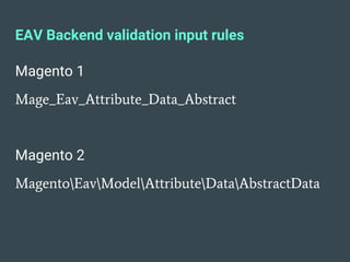EAV Backend validation input rules
Magento 1
Mage_Eav_Attribute_Data_Abstract
Magento 2
MagentoEavModelAttributeDataAbstractData
 
