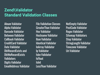 ZendValidator
Standard Validation Classes
Alnum Validator
Alpha Validator
Barcode Validator
Between Validator
Callback Validator
CreditCard Validator
Date Validator
DbRecordExists and
DbNoRecordExists
Validators
Digits Validator
EmailAddress Validator
File Validation Classes
GreaterThan Validator
Hex Validator
Hostname Validator
Iban Validator
Identical Validator
InArray Validator
Ip Validator
Isbn Validator
IsFloat
IsInt
LessThan Validator
NotEmpty Validator
PostCode Validator
Regex Validator
Sitemap Validators
Step Validator
StringLength Validator
Timezone Validator
Uri Validator
 