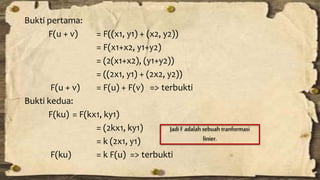 Bukti pertama: 
F(u + v) = F((x1, y1) + (x2, y2)) 
= F(x1+x2, y1+y2) 
= (2(x1+x2), (y1+y2)) 
= ((2x1, y1) + (2x2, y2)) 
F(u + v) = F(u) + F(v) => terbukti 
Bukti kedua: 
F(ku) = F(kx1, ky1) 
= (2kx1, ky1) 
= k (2x1, y1) 
Jadi F adalah sebuah tranformasi 
F(ku) = k F(u) => terbukti 
linier. 
 