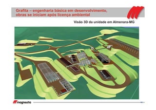 16
Grafita – engenharia básica em desenvolvimento,
obras se iniciam após licença ambiental
Visão 3D da unidade em Almenara-MG
 