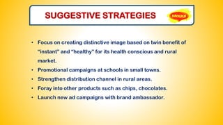 SUGGESTIVE STRATEGIES
• Focus on creating distinctive image based on twin benefit of
“instant” and “healthy” for its health conscious and rural
market.
• Promotional campaigns at schools in small towns.
• Strengthen distribution channel in rural areas.
• Foray into other products such as chips, chocolates.
• Launch new ad campaigns with brand ambassador.
 