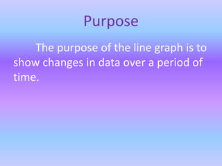 Purpose
The purpose of the line graph is to
show changes in data over a period of
time.
 