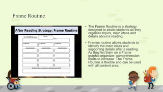 Frame Routine
• The Frame Routine is a strategy
designed to assist students as they
organize topics, main ideas and
details about a reading.
• Frames routine allows students to
identify the main ideas and
supporting details after a reading.
As they list them on a Frame
graphic organizer, comprehension
tends to increase. The Frame
Routine is flexible and can be used
with all content area.
 