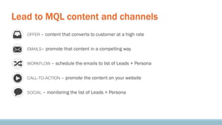 Lead to MQL content and channels
• 

OFFER –

content that converts to customer at a high rate

• 

EMAILS–

promote that ...