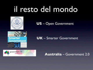 il resto del mondo
      US – Open Government



      UK – Smarter Government



          Australia – Government 2.0
 