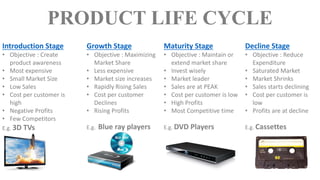 Introduction Stage
• Objective : Create
product awareness
• Most expensive
• Small Market Size
• Low Sales
• Cost per customer is
high
• Negative Profits
• Few Competitors
E.g. 3D TVs
Growth Stage
• Objective : Maximizing
Market Share
• Less expensive
• Market size increases
• Rapidly Rising Sales
• Cost per customer
Declines
• Rising Profits
E.g. Blue ray players
Maturity Stage
• Objective : Maintain or
extend market share
• Invest wisely
• Market leader
• Sales are at PEAK
• Cost per customer is low
• High Profits
• Most Competitive time
E.g. DVD Players
Decline Stage
• Objective : Reduce
Expenditure
• Saturated Market
• Market Shrinks
• Sales starts declining
• Cost per customer is
low
• Profits are at decline
E.g. Cassettes
PRODUCT LIFE CYCLE
 
