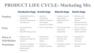 Introduction Stage Growth Stage Maturity Stage Decline Stage
Product • Branding & quality is
established
• Patents & Trademarks
are obtained
• Quality is
maintained
• Additional features
and support
services are added
• Features may be
enhanced to
differentiate the
product.
• Maintain and
rejuvenate the
product.
• Add new features
and find new uses
Price • Low penetration
pricing
• High skimming pricing
• Price is maintained • Price may be lower
because of
competition
• Cost is reduced
• Target is on loyal
niche customers.
Place or
Distribution
• Selective until
customers accept the
product
• Distributions
channels are
added.
• Becomes more
intensive and
incentive.
• Liquidate the
remaining
inventory.
Promotion • Aimed at innovators
and early acceptors.
• Build product
awareness
• Aimed at a
broader audience
• Emphasize product
distribution
• Discontinue the
product.
PRODUCT LIFE CYCLE- Marketing Mix
 
