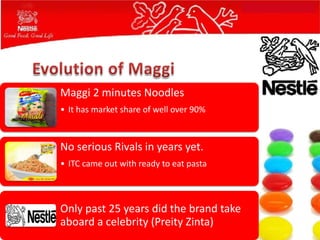 Maggi 2 minutes Noodles
• It has market share of well over 90%



No serious Rivals in years yet.
• ITC came out with ready to eat pasta



Only past 25 years did the brand take
aboard a celebrity (Preity Zinta)
 