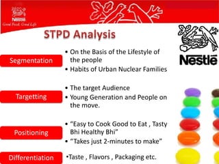 • On the Basis of the Lifestyle of
Segmentation        the people
                  • Habits of Urban Nuclear Families

                  • The target Audience
  Targetting      • Young Generation and People on
                    the move.

                  • “Easy to Cook Good to Eat , Tasty
 Positioning        Bhi Healthy Bhi”
                  • “Takes just 2-minutes to make”

Differentiation   •Taste , Flavors , Packaging etc.
 