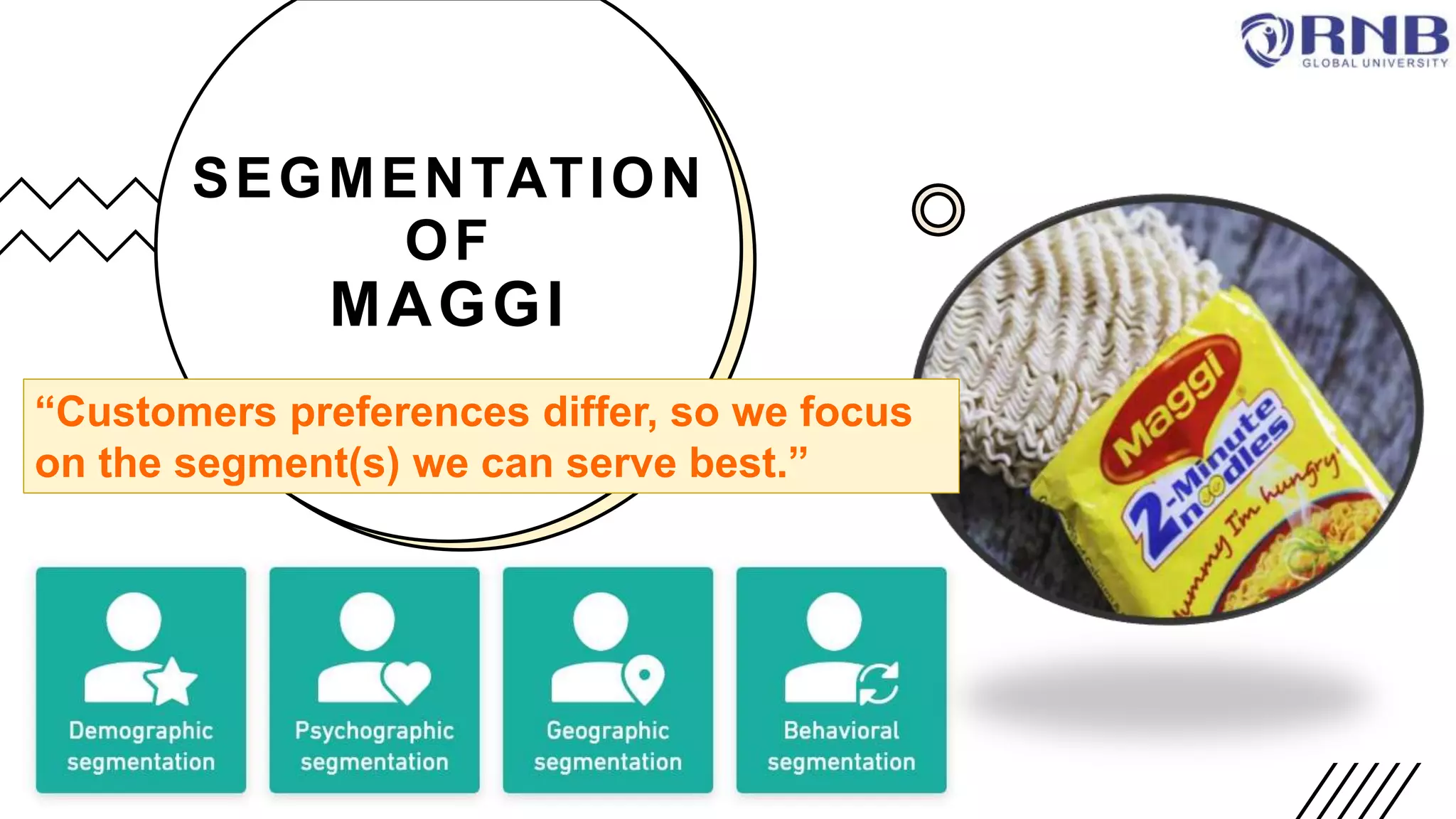 SEGMENTATION
OF
MAGGI
“Customers preferences differ, so we focus
on the segment(s) we can serve best.”
 