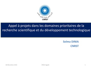 Appel à projets dans les domaines prioritaires de la
recherche scientifique et du développement technologique
Selma DINIA
CNRST
18 Décembre 2014 ENCG Agadir 1
 
