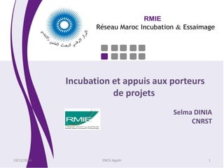 Incubation et appuis aux porteurs
de projets
Selma DINIA
CNRST
19/12/2014 ENCG Agadir 1
 