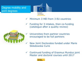Date: in 12 ptsEducation
and Culture
 Minimum 3 HEI from 3 EU countries
 Funding for 3 intakes, then co-funding
(catalogue after a quality review)
 Universities from partner countries
encouraged to be full partners
 New Joint Doctorates funded under Marie
Skłodowska Curie
 Continued funding of Erasmus Mundus joint
Master and doctoral courses until 2017
Degree mobility and
joint degrees
 