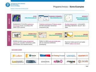 SPINOFF
HYDS
(http://www.hyds.es)
THINKING FORWARD (
http://www.tfxxi.com)
SPARSITY
(http://www.sparsity-
technologies.com)
Development of innovative solutions in
rain forecast issues, according to the
needs of the customer.
Predictive maintenance of electric motors
and their associated mechanical
components (rail).
Big data management – using graphs
technology. Aplications: daurum / dex /
bibex
STARTUP
DEXMA-TECH
(http://www.dexmatech.
com)
JUSTINMIND
(http://www.justinmind.
com)
DINUBE
(http://www.dinube.com)
DEXMA provides energy management
software for corporate, commercial, public
administration and industrial sectors.
Platform to define web and mobile apps
with rich interactive wireframes
(prototyping).
Real-time mobile payment and loyalty
network (wallet in the cloud).
SUCCESS CASES
[…]
Programa Innova – Some Examples
 