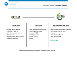 ORIGIN (2008)
- Wireless sensor networks
- 3 students (FIB UPC)
- UPC Business Idea Contest
- Other contests
- Multiple projects: IRTA / Bombers
- Software + Hardware
EVOLUTION
- 3 years redefining business model
- Prèstec Capital Concepte
- Prèstec NEOTEC
- Serial Entrepreneurs
- Focusing (Energy)
- Software
PRESENT SITUATION (2013)
- New business model: SaaS / Partners
- Commercial Channel / MKG
- Income
- Consolidation / Growth
- Parc Tecnològic BN
- FAST DEMO
[DEXMA offers specialized management and energy saving services]
Programa Innova – Some Examples
 