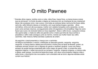 O mito Pawnee
“ Grandes olhos negros, luzidios como a noite, mãos finas, traços finos, a criança tocava corpos
que se animavam. no fundo da pele a mágica se misturava com as incertezas de seu impossível.
talvez não soubesse como, mas curava. e de todas as certezas talvez nenhuma lhe fosse válida.
certo dia, velho feiticeiro desceu a montanha, com suas barbas longas e grandes olhos
vermelhos, vinha com ele sua esposa, mulher com cabelos trançados como serpentes. os dois
eram como animais noturnos, se esgueirando entre mil segredos e mil armadilhas."diga-me como
fazes tuas curas e te ensinarei todos os meus segredos", disse o velho bruxo. a pequena criança
não queria saber, o medo do velho era grande como o medo que tinha de maus sonhos e
pesadelos.o velho nada conseguiu junto ao menino, manda sua mulher trazer seu velho
cachimbo. nele misturou folhas secretas e palavras de ordem.
dia seguinte o casal presenteia a criança com o cachimbo.
mil feitiços acometeram o menino. enfeitiçado se descobre grávido. vergonha. vergonha.
vergonha. a criança deixa a aldeia para encontrar a morte junto as feras da floresta. porém, os
malvados animais choram com a degraça do garoto e resolvem ajudá-lo. curam seu feitiço,
extraem da ampla barriga sustentada pelo corpo magro do garoto o feto, e contam-lhe seus
segredos mágicos. o rapaz aos poucos se recupera. vingança. vingança.vingança. a criança volta
a aldeia, pede sangue. sua alma de besta-fera exige. com seus novos poderes mágicos mata o
velho bruxo. a fera dentro de si se acalma. bom curandeiro ele se torna. algumas estrelas ainda
contam sua história.”
 