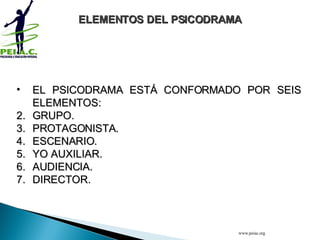 EL PSICODRAMA ESTÁ CONFORMADO POR SEIS ELEMENTOS: GRUPO. PROTAGONISTA. ESCENARIO. YO AUXILIAR. AUDIENCIA. DIRECTOR. ELEMENTOS DEL PSICODRAMA www.peiac.org 