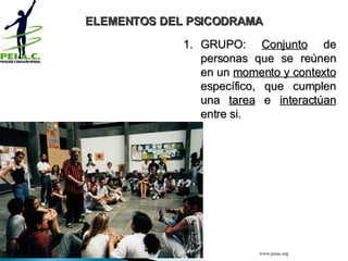 GRUPO:  Conjunto  de personas que se reúnen en un  momento y contexto  específico, que cumplen una  tarea  e  interactúan  entre si. ELEMENTOS DEL PSICODRAMA www.peiac.org 