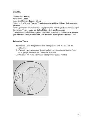 102
OXOSSI:
Planeta afim: Vênus;
Metal afim: Cobre;
Signo dos Planetas: Touro e Libra;
Natureza dos Signos: Touro – Terra (elementos sólidos); Libra – Ar (elementos
gasosos);
Forma geométrica da molécula de força (correntes astromagnéticas) afins ao signo
do planeta: Touro – A de um Cubo; Libra – A de um Icosaedro;
O ideograma do chakra ou o ponto kabalístico próprio (Lei de Pemba): o mesmo
que esta assinalado pelas letras C, nos Talismãs dos Signos de Touro e Libra...
Talismã de Touro
A) Placa do Disco de aço inoxidável, ou niquelado com 3, 5 ou 7 cm de
diâmetro.
B) Cubo de cobre, em massa limada, polida etc., tamanho de acordo, (para
fixar, pregar, chumbar etc.) no centro do disco.
C) Desenhos em baixo-relevo dos “ideogramas” (lei de pemba).
 