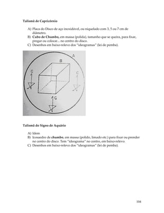 104
Talismã de Capricórnio
A) Placa do Disco de aço inoxidável, ou niquelado com 3, 5 ou 7 cm de
diâmetro.
B) Cubo de Chumbo, em massa (polida), tamanho que se queira, para fixar,
pregar ou colocar... no centro do disco.
C) Desenhos em baixo-relevo dos “ideogramas” (lei de pemba).
Talismã do Signo de Aquário
A) Idem
B) Icosaedro de chumbo, em massa (polido, limado etc.) para fixar ou prender
no centro do disco. Tem “ideograma” no centro, em baixo-relevo.
C) Desenhos em baixo-relevo dos “ideogramas” (lei de pemba).
 