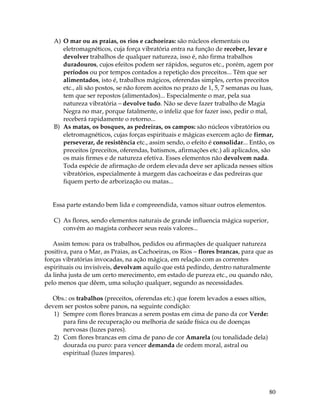 80
A) O mar ou as praias, os rios e cachoeiras: são núcleos elementais ou
eletromagnéticos, cuja força vibratória entra na função de receber, levar e
devolver trabalhos de qualquer natureza, isso é, não firma trabalhos
duradouros, cujos efeitos podem ser rápidos, seguros etc., porém, agem por
períodos ou por tempos contados a repetição dos preceitos... Têm que ser
alimentados, isto é, trabalhos mágicos, oferendas simples, certos preceitos
etc., ali são postos, se não forem aceitos no prazo de 1, 5, 7 semanas ou luas,
tem que ser repostos (alimentados)... Especialmente o mar, pela sua
natureza vibratória – devolve tudo. Não se deve fazer trabalho de Magia
Negra no mar, porque fatalmente, o infeliz que for fazer isso, pedir o mal,
receberá rapidamente o retorno...
B) As matas, os bosques, as pedreiras, os campos: são núcleos vibratórios ou
eletromagnéticos, cujas forças espirituais e mágicas exercem ação de firmar,
perseverar, de resistência etc., assim sendo, o efeito é consolidar... Então, os
preceitos (preceitos, oferendas, batismos, afirmações etc.) ali aplicados, são
os mais firmes e de natureza efetiva. Esses elementos não devolvem nada.
Toda espécie de afirmação de ordem elevada deve ser aplicada nesses sítios
vibratórios, especialmente à margem das cachoeiras e das pedreiras que
fiquem perto de arborização ou matas...
Essa parte estando bem lida e compreendida, vamos situar outros elementos.
C) As flores, sendo elementos naturais de grande influencia mágica superior,
convém ao magista conhecer seus reais valores...
Assim temos: para os trabalhos, pedidos ou afirmações de qualquer natureza
positiva, para o Mar, as Praias, as Cachoeiras, os Rios – flores brancas, para que as
forças vibratórias invocadas, na ação mágica, em relação com as correntes
espirituais ou invisíveis, devolvam aquilo que está pedindo, dentro naturalmente
da linha justa de um certo merecimento, em estado de pureza etc., ou quando não,
pelo menos que dêem, uma solução qualquer, segundo as necessidades.
Obs.: os trabalhos (preceitos, oferendas etc.) que forem levados a esses sítios,
devem ser postos sobre panos, na seguinte condição:
1) Sempre com flores brancas a serem postas em cima de pano da cor Verde:
para fins de recuperação ou melhoria de saúde física ou de doenças
nervosas (luzes pares).
2) Com flores brancas em cima de pano de cor Amarela (ou tonalidade dela)
dourada ou puro: para vencer demanda de ordem moral, astral ou
espiritual (luzes ímpares).
 