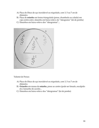 99
A) Placa do Disco de aço inoxidável ou niquelado, com 3, 5 ou 7 cm de
diâmetro.
B) Placa de estanho em forma triangulada (presa, chumbada ou colada) em
cujo centro está o desenho em baixo-relevo do “ideograma” (lei de pemba)
C) Desenhos em baixo-relevo dos “ideogramas”...
Talismã de Peixes:
A) Placa do Disco de aço inoxidável ou niquelado, com 3, 5 ou 7 cm de
diâmetro.
B) Octaedro em massa de estanho, preso ao centro (pode ser limado, esculpido
etc.) tamanho de acordo...
C) Desenhos em baixo-relevo dos “ideogramas” (lei de pemba)
 