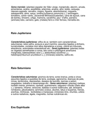 Seres marciais: (plantas) espada−de−São−Jorge, manjericão, alecrim, arruda,
pimenteiras, acácia, assafétida, artemísia, aroeira, alho, boldo, carqueja,
cáscara sagrada, carvalho, mogno, figueira, absinto(losna), nogueira,
salsaparrilha, olmo, sarça, zimbro(Juniperus communis L.), tanchagem,
tomateiro, cardo−santo, Jacarandá Mimoso(Gualandai), cana de açúcar, cana
de bambu, limoeiro, urtiga, mamona, cavalinha, pau− d’alho, paineira;
(animais) lobo, carneiro, gato; (metais) ferro e ímã−ferroso, hematita etc.




Raio Jupiteriano


Características jupiterianas: silfos do ar, também com características
saturnianas; raios safira, púrpura e azul marinho; assuntos ligados a dinheiro,
lucratividades, contatos com altos dignatários e juízes, vitória em tribunais,
eloqüência, autoridades eclesiásticas etc.; Seres jupiterianos: (plantas) todas
os vegetais semelhantes a coroa, tais como a pita(Agave americana
marginata), babosa(Aloes vera L.), aloés(Aloes socotrina L.),
heliotropo(Viburnum prunifolium L.); (minerais) estanho, safira etc.




Raio Saturniano


Características saturnianas: gnomos da terra; cores branca, preta e cinza;
assuntos ligados a questões de terra, ecologia, agronomia, doenças de pele,
minas, terremotos, depressões, desejos de suicídio, karmas a serem
resgatados, trabalho e desemprego etc.; Seres saturnianos: (plantas) melissa,
hortelã−menta, pinheiros, cipreste, quaresmeira, salgueiro−chorão (Salix alba
L.), bardana, inhame, cenouras, batatas e outros tubérculos, ipê, laranjeira,
romãzeira, jabuticabeira; (animais) urubus, abutres, tatus e toupeiras, hienas,
aranhas, minhocas, borboletas e mariposas; (minerais) ônix, chumbo, urânio
e outros radiativos, ágata, magnetita, rochas vulcânicas etc.




Ens Espirituale
 