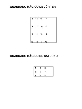 QUADRADO MÁGICO DE JÚPITER



            4   14      15          1



            9       7       6   12



            5   11      10          8



           16       2       3   13




QUADRADO MÁGICO DE SATURNO



                4       9       2

                3       5       7

                8       1       6
 