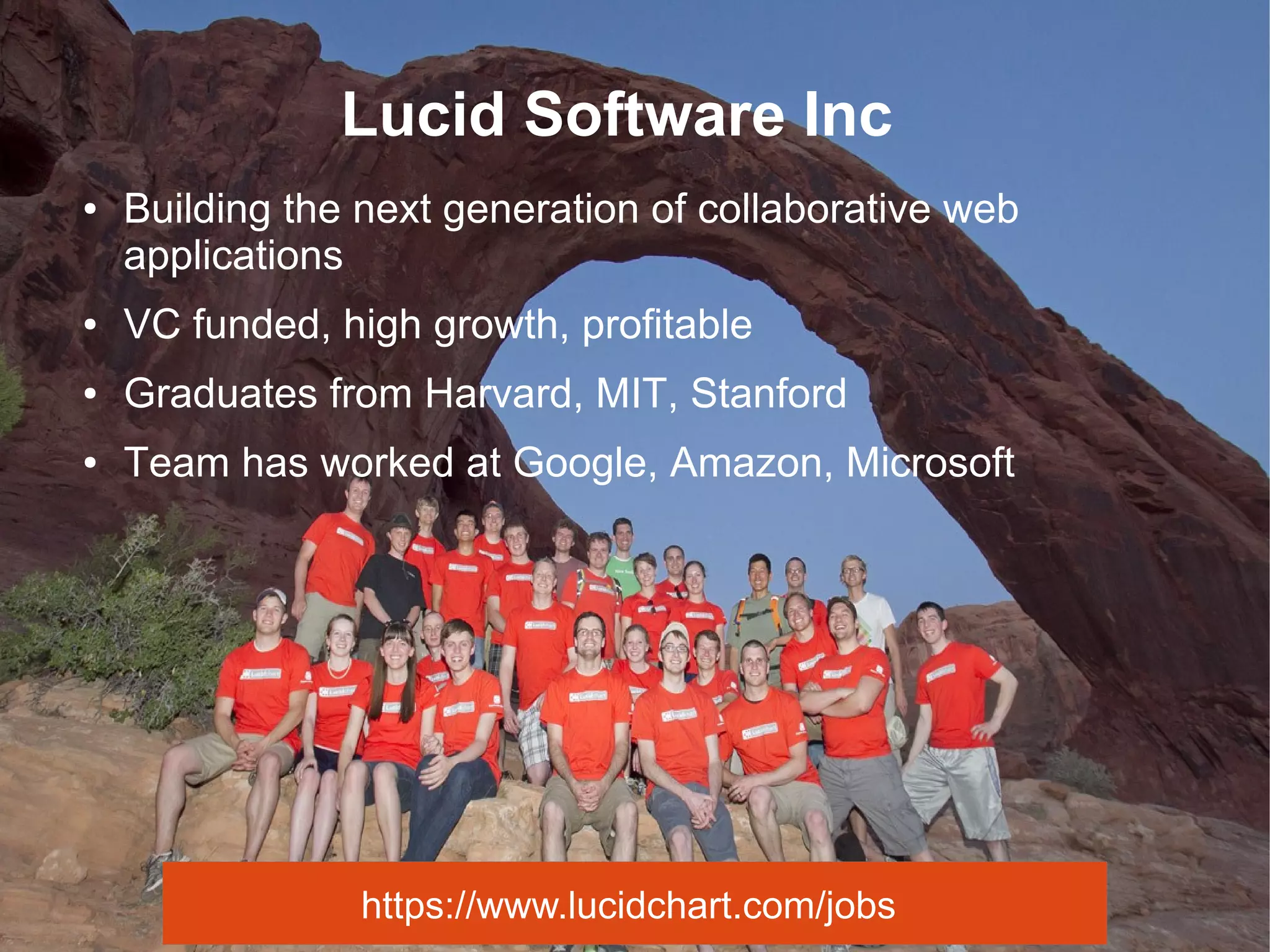 Lucid Software Inc
● Building the next generation of collaborative web
applications
● VC funded, high growth, profitable
● Graduates from Harvard, MIT, Stanford
● Team has worked at Google, Amazon, Microsoft
https://www.lucidchart.com/jobs
 