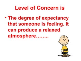 Level of Concern is
• The degree of expectancy
  that someone is feeling. It
  can produce a relaxed
  atmosphere……..
 