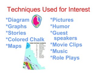 Techniques Used for Interest
*Diagram         *Pictures
*Graphs          *Humor
*Stories         *Guest
*Colored Chalk    speakers
*Maps            *Movie Clips
                 *Music
                 *Role Plays
 