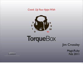 Crank Up Your Apps With




                                                           Jim Crossley
                                                              MagicRuby
Creative  Commons  BY-­SA  3.0
                                                               Feb 2011

                                                                          1
 