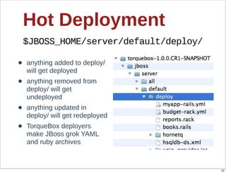Hot  Deployment
    $JBOSS_HOME/server/default/deploy/

•   anything  added  to  deploy/  
    will  get  deployed
•   anything  removed  from  
    deploy/  will  get  
    undeployed
•   anything  updated  in  
    deploy/  will  get  redeployed
•   TorqueBox  deployers  
    make  JBoss  grok  YAML  
    and  ruby  archives



                                         23
 
