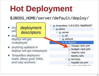 Hot  Deployment
    $JBOSS_HOME/server/default/deploy/

•           deployment  
    anything  added  to  deploy/  
    will  get  deployed
           descriptors
•   anything  removed  from  
    deploy/  will  get  
    undeployed
•   anything  updated  in  
    deploy/  will  get  redeployed
•   TorqueBox  deployers  
    make  JBoss  grok  YAML  
    and  ruby  archives



                                         24
 