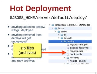 Hot  Deployment
    $JBOSS_HOME/server/default/deploy/

•   anything  added  to  deploy/  
    will  get  deployed
•   anything  removed  from  
    deploy/  will  get  
    undeployed
•   anything  updated  in  
           zip  files  
    deploy/  will  get  redeployed
•         (archives)
    TorqueBox  deployers  
    make  JBoss  grok  YAML  
    and  ruby  archives



                                         25
 