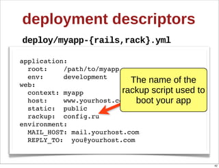deployment  descriptors
deploy/myapp-­{rails,rack}.yml

application:
  root:    /path/to/myapp
  env:     development
web:...
