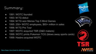 Summary:
*Rare Magic Card Sells For $27,000, Kotaku
● 1991: WOTC founded
● 1993: M:TG debut
● 1994: M:TG won Mensa Top 5 Mind Games
● 1995: 250+ WOTC employees, $65+ million in sales
● 1996: M:TG Pro Tour
● 1997: WOTC acquired TSR (D&D makers)
● 1999: WOTC prints Pokemon TCG (blows away sports cards)
● 1999: Hasbro acquired WOTC
 