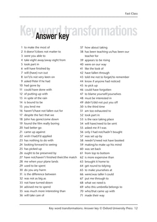 1 to make the most of
2 it doesn’t/does not matter to
3 were you able to
4 take eight away/away eight from
5 took part in
6 will have finished by
7 will (have) run out
8 isn’t/is not very keen on
9 asked Peter if he had
10 had gone by
11 could have done with
12 of putting up with
13 in spite of the rain
14 is bound to be
15 you lend me
16 haven’t/have not fallen out for
17 despite the fact that we
18 John has gone/come down
19 found the film really boring
20 had better go
21 came up against
22 wish I had/I’d applied
23 has nothing to do with
24 looking forward to seeing
25 has picked up
26 ought to be preserved by
27 have not/haven’t finished their/the match
28 me when your plane lands
29 used to be spent
30 do you any harm
31 is the difference between
32 was not as big as
33 not have turned down
34 advised me to spend
35 was much more interesting than
36 will take care of
Fast Class
Key word transformations: Answer key © Oxford University Press 12
Key word transformationsAnswer key
37 how about taking
38 has been teaching us/has been our
teacher for
39 appears to be rising
40 were on our way
41 like the look of
42 have fallen through
43 told me not to forget/to remember
44 know if anyone had noticed
45 to pick up
46 could have forgotten
47 to blame yourself/yourselves
48 must be interested in
49 didn’t/did not put you off
50 is the third time
51 am too exhausted to
52 took part in
53 is the race taking place
54 will have/need to be sent
55 asked me if I was
56 only I had not/hadn’t bought
57 was set up by
58 needn’t/need not have booked
59 making/to make up his mind
60 was set back
61 from top to bottom
62 is more expensive than
63 brought it home to
64 get round to tidying
65 to make yourselves at
66 were/was taller I could
67 put me through to
68 what we need is
69 who this umbrella belongs to
70 who/that came up with
71 made their way
 