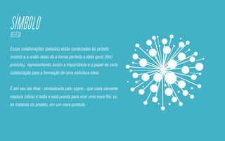 SIMBOLODEFESA
Essas colaborações (pétalas) estão conectadas ao projeto
(miolo) e a união delas dá a forma perfeita a ideia geral (flor/
produto), representando assim a importância e o papel de cada
colaboração para a formação de uma estrutura ideal.
É em seu ato final - simbolizado pelo sopro - que cada semente
madura (ideia) é solta e está pronta para virar uma nova flor, ou
se tratando do projeto, em um novo produto.
 