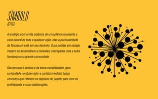 SIMBOLODEFESA
A analogia com a vida orgânica de uma planta representa o
ciclo natural de toda e qualquer ação, mas a particularidade
da Taraxacum está em seu desenho. Suas pétalas em estágio
maduro se assemelham a conexões, interligadas uma a outra
formando uma grande comunidade.
Seu formato é atrativo e de breve complexidade, gera
curiosidade no observador e contato imediato, todos
conceitos que refletem os objetivos do projeto para com os
profissionais e suas colaborações.
 