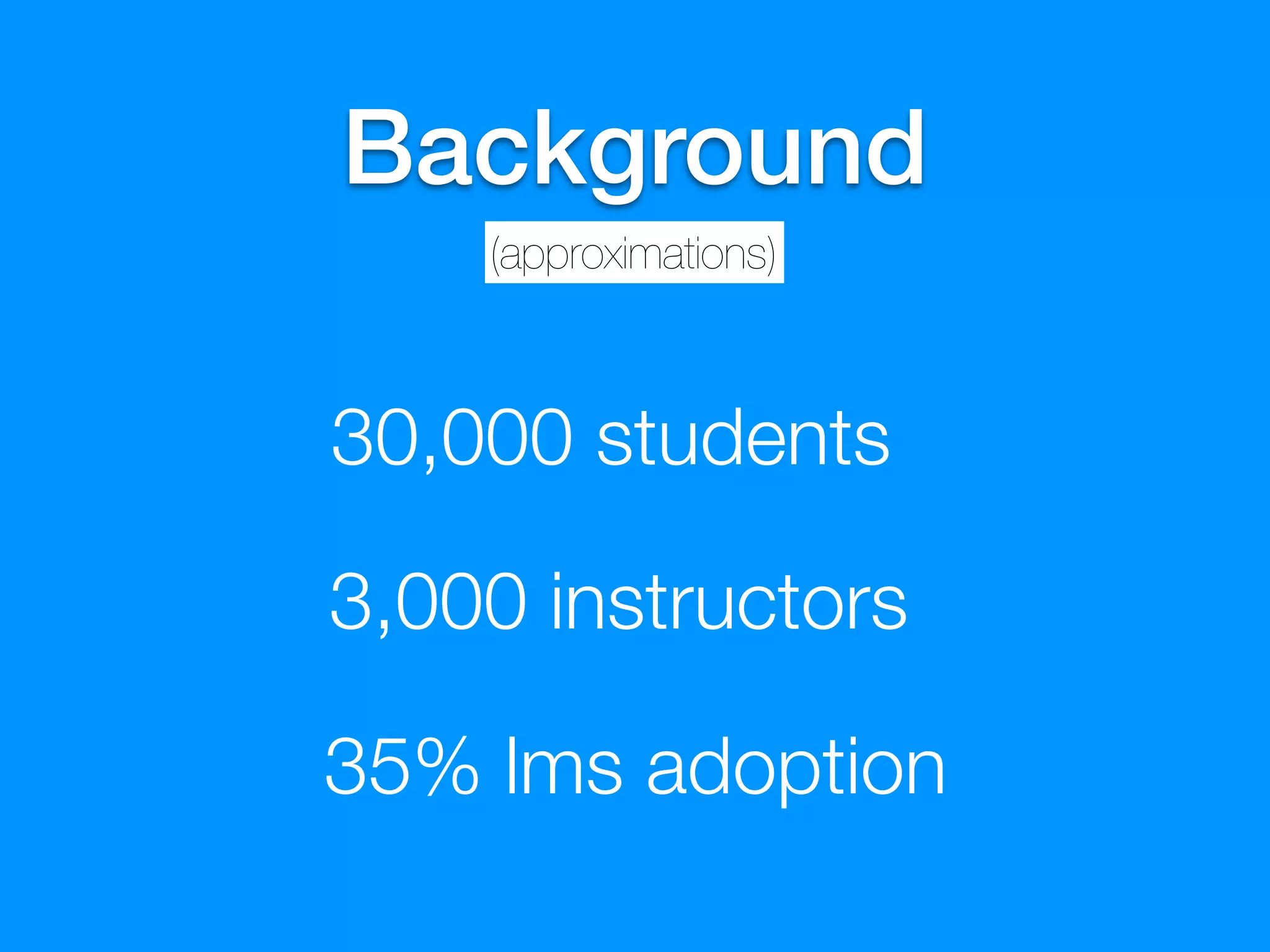 Background
    (approximations)



30,000 students

3,000 instructors

35% lms adoption
 