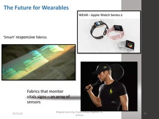 25/11/16
Magical Learning, Study Group, Brighton G.
Salmon
42
The Future for Wearables
‘Smart’ responsive fabrics
Fabrics that monitor
vitals signs – an array of
sensors
 