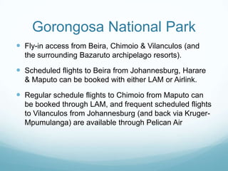 Gorongosa National Park Fly-in access from Beira, Chimoio & Vilanculos (and the surrounding Bazaruto archipelago resorts).  Scheduled flights to Beira from Johannesburg, Harare & Maputo can be booked with either LAM or Airlink.  Regular schedule flights to Chimoio from Maputo can be booked through LAM, and frequent scheduled flights to Vilanculos from Johannesburg (and back via Kruger-Mpumulanga) are available through Pelican Air