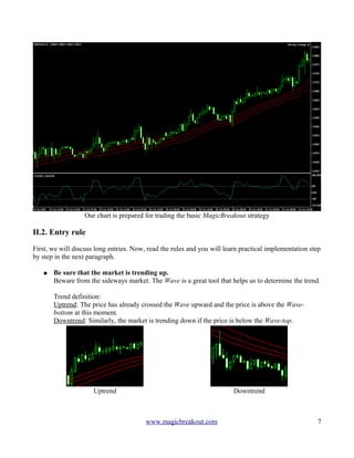 Our chart is prepared for trading the basic MagicBreakout strategy
II.2. Entry rule
First, we will discuss long entries. Now, read the rules and you will learn practical implementation step
by step in the next paragraph.
● Be sure that the market is trending up.
Beware from the sideways market. The Wave is a great tool that helps us to determine the trend.
Trend definition:
Uptrend: The price has already crossed the Wave upward and the price is above the Wave-
bottom at this moment.
Downtrend: Similarly, the market is trending down if the price is below the Wave-top.
Uptrend Downtrend
www.magicbreakout.com 7
 