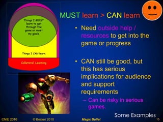 MUST  learn >  CAN  learn Need  outside help / resources  to get into the game or progress CAN still be good, but this has serious implications for audience and support requirements Can be risky in serious games. Some Examples 