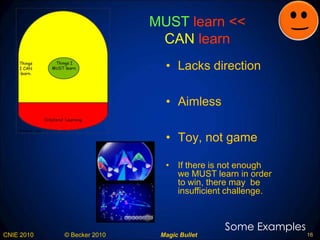 MUST  learn <<  CAN  learn Lacks direction Aimless Toy, not game Some Examples If there is not enough we MUST learn in order to win, there may  be insufficient challenge. 