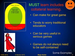 MUST   learn includes external learning. Can make for great game Tends to worry traditional educators Can be very useful in serious games Games do not always need to be self-contained Some Examples 