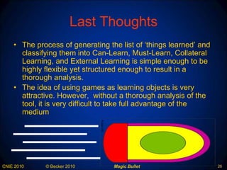 Last Thoughts The process of generating the list of ‘things learned’ and classifying them into Can-Learn, Must-Learn, Collateral Learning, and External Learning is simple enough to be highly flexible yet structured enough to result in a thorough analysis.  The idea of using games as learning objects is very attractive. However,  without a thorough analysis of the tool, it is very difficult to take full advantage of the medium  