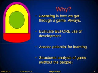 Why? Learning  is how we get through a game. Always. Evaluate BEFORE use or development Assess potential for learning Structured analysis of game (without the people) 