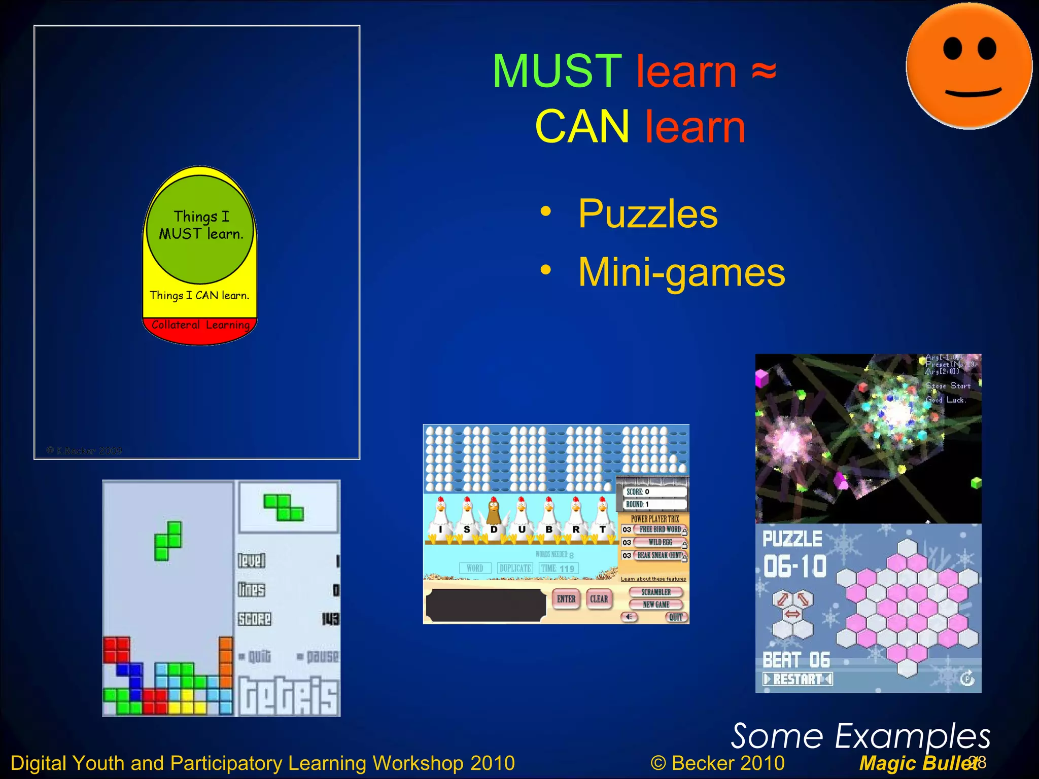 28Digital Youth and Participatory Learning Workshop 2010 © Becker 2010 Magic Bullet
MUST learn ≈
CAN learn
• Puzzles
• Mini-games
Some Examples
 